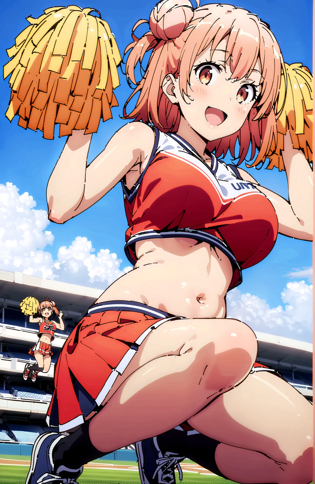 Yuigahama Yui , short hair, brown eyes, Picnic, hair bun, single hair bun,smile,blush,and open the mouth,Big Breasts,under boob,(cheerleading), (full body), on chest, (sweated), sweated Wet Clothes, (Red clothing),sleeveless, pleated skirt,black socks,sneakers,belly button out, playground, (jump), (jump), 両足を曲げてjumpする, , blue sky, Compa, smile,cheerleader, Pom-pom \(cheerleading\) real hair ornaments,angle from below,full bodyがイラストに入るように,in their 40s outdoors,stadium,
in their 40s looking at viewer,full body,
in their 40s (masterpiece:1.2),best quality ,Kampala,unity 8k 壁紙,(shape:0.8),( fine, beautiful eyes :1.6),It's a person ,full body写真,CG Details , (perfect hand in h,Complete Anatomy),