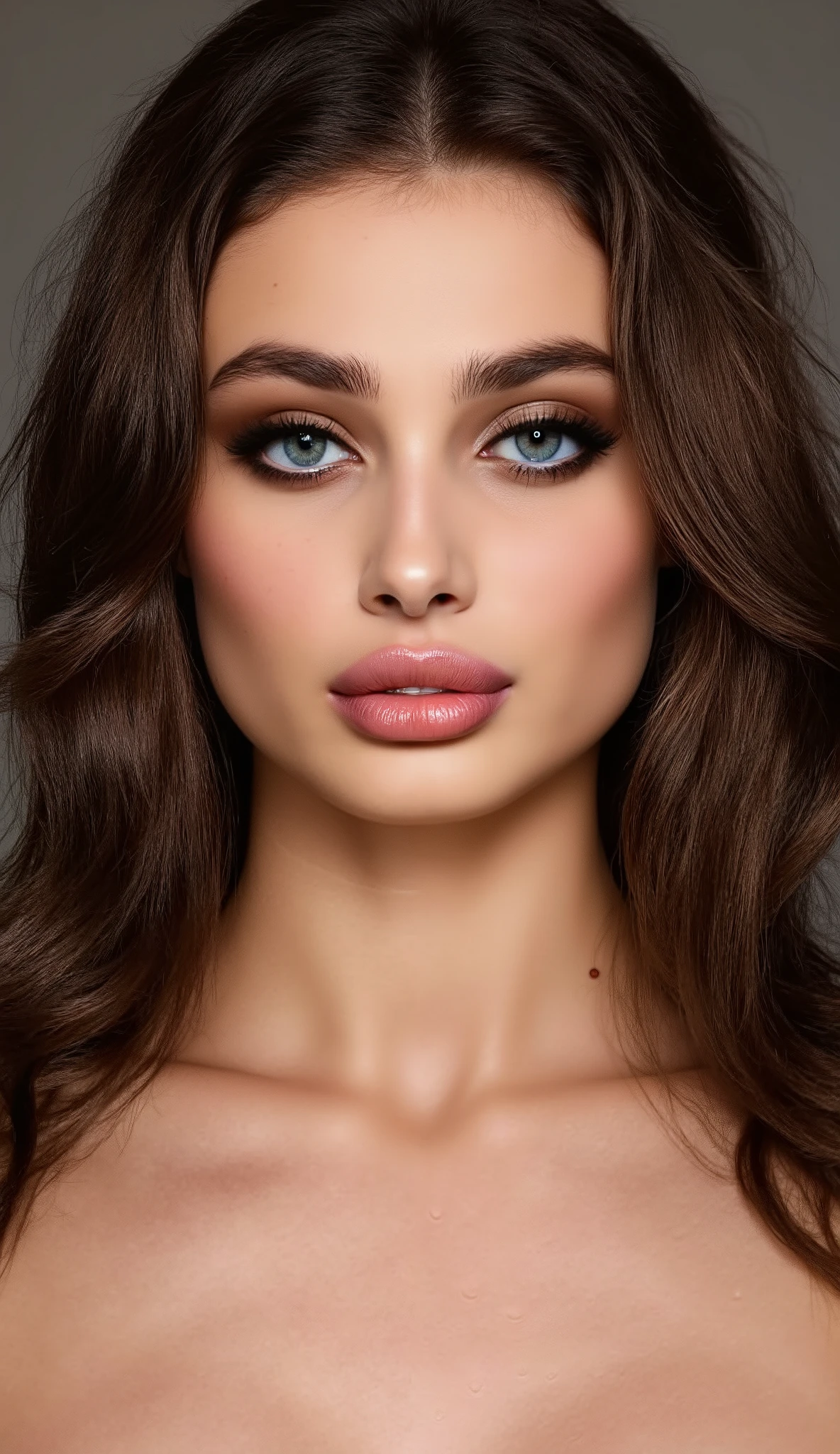 A blend between Aletta_Ocean and Taylor_Hill face, bust portrait, beautiful young woman, photorealistic, detailed facial features, piercing blue eyes, full and plump lips, flawless skin, dramatic makeup, wavy brown hair, confident and seductive expression, slender neck, delicate shoulders, studio lighting, dramatic chiaroscuro, cinematic composition, 4K, hyper-realistic, oil painting, masterpiece, vivid colors, intricate detail, smooth brushstrokes, elegant. High Resolution, 8k, 4K, HD, HQ.