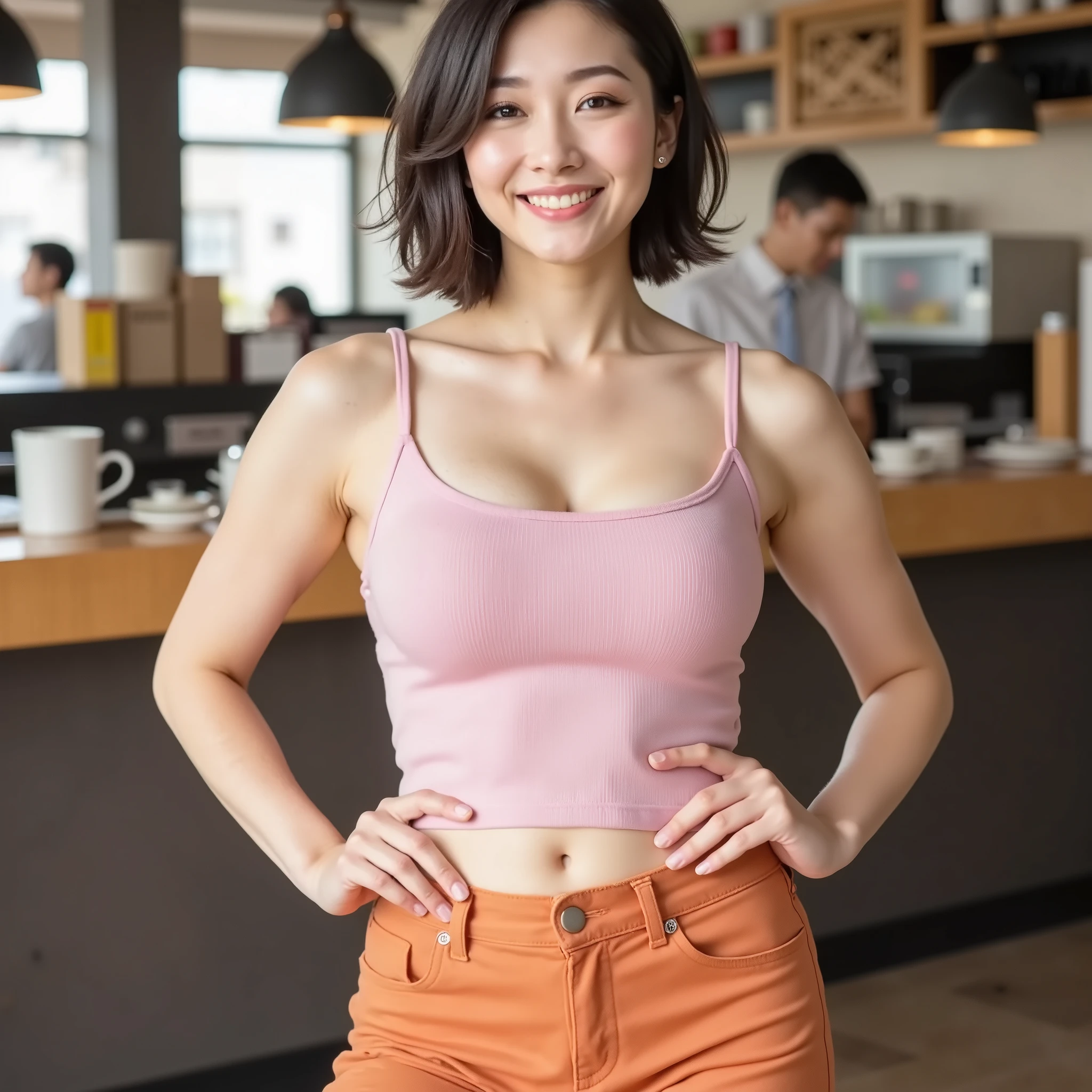 『one Japanese girl:1.3』『real photo:1.3』best quality:1.aggy big breasts、 narrow waist :1.9))、with slight cleavage、((40 year old woman))、Beautifully shaped belly button 、unadorned『smiling showing her teeth:1.9』、(((is anatomically correct、perfect anatomy、is anatomically correct指)))、realistic, best quality, ultra high resolution, RAW Photo, (Narrow waist:1.5)、droopy eyes、plump face、very short hair、best quality , masterpiece , Ultra High Definition , Hi-Res RAW Color Photos , Professional Photos , natural feel , fine skin , hyperrealism , Japanese woman , (smile , shortcuts , Big Breasts , (((Pink fitted tank top , orange denim shorts) , Liberating restaurant ,restaurant counter is visible in the background、 Place your hands on your hips)))