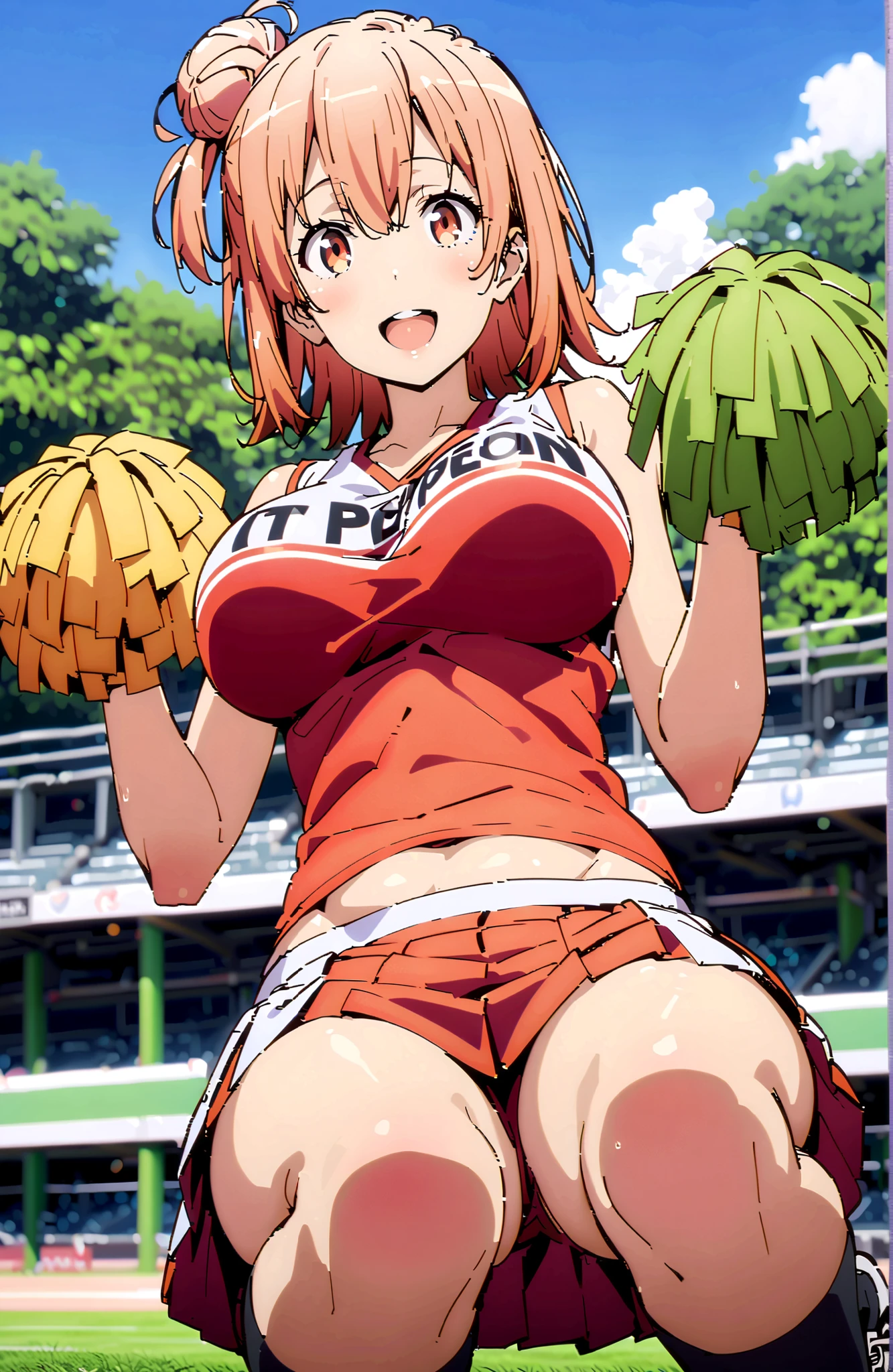 Yuigahama Yui , solo,short hair, brown eyes, Picnic, hair bun, single hair bun,smile,blush,and open the mouth,Big Breasts,under boob,(cheerleading), (full body), on chest, (sweated), sweated Wet Clothes, (Red clothing),sleeveless, pleated skirt,black socks,sneakers,belly button out, playground, (jump), (jump), 両足を曲げてjumpする, , blue sky, Compa, smile,cheerleader, Pom-pom \(cheerleading\) real hair ornaments,angle from below,full bodyがイラストに入るように,in their 40s outdoors,stadium,
in their 40s looking at viewer,full body,
in their 40s (masterpiece:1.2),best quality ,Kampala,unity 8k 壁紙,(shape:0.8),( fine, beautiful eyes :1.6),It's a person ,full body写真,CG Details , (perfect hand in h,Complete Anatomy),