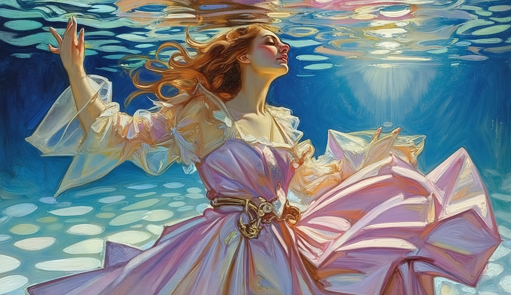 A mysterious woman with long flowing hair and a flowing gown, is submerged in crystal-clear water, creating a mesmerizing display of color and light. The water shimmers with a spectrum of blues, purples, and greens, reflecting the surrounding landscape and the light filtering through the surface. The person's hair billows around them like silk, while the gown flows with the current, creating a sense of movement and fluidity. In the style of impressionism, with soft brushstrokes and vibrant colors, reminiscent of Claude Monet and Edgar Degas. The overall effect is one of ethereal beauty and tranquility.