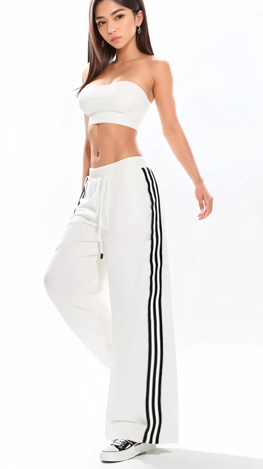 (masterpiece, best quality, high resolution, 8k:1.2), highly detailed, sharp detailed, textured skin, soft lighting, ultra high definition, beautiful body, beautiful skin, beautiful breasts, beautiful legs, beautiful hands, perfect hands, beautiful face, beautiful eyes, symmetrical eyes, slim, slim body, 1 girl, solo, (boyish fashion, tube top, bare shoulders, shoes), (sweatpants:1.2), (wide leg:1.3), looking at the viewer,