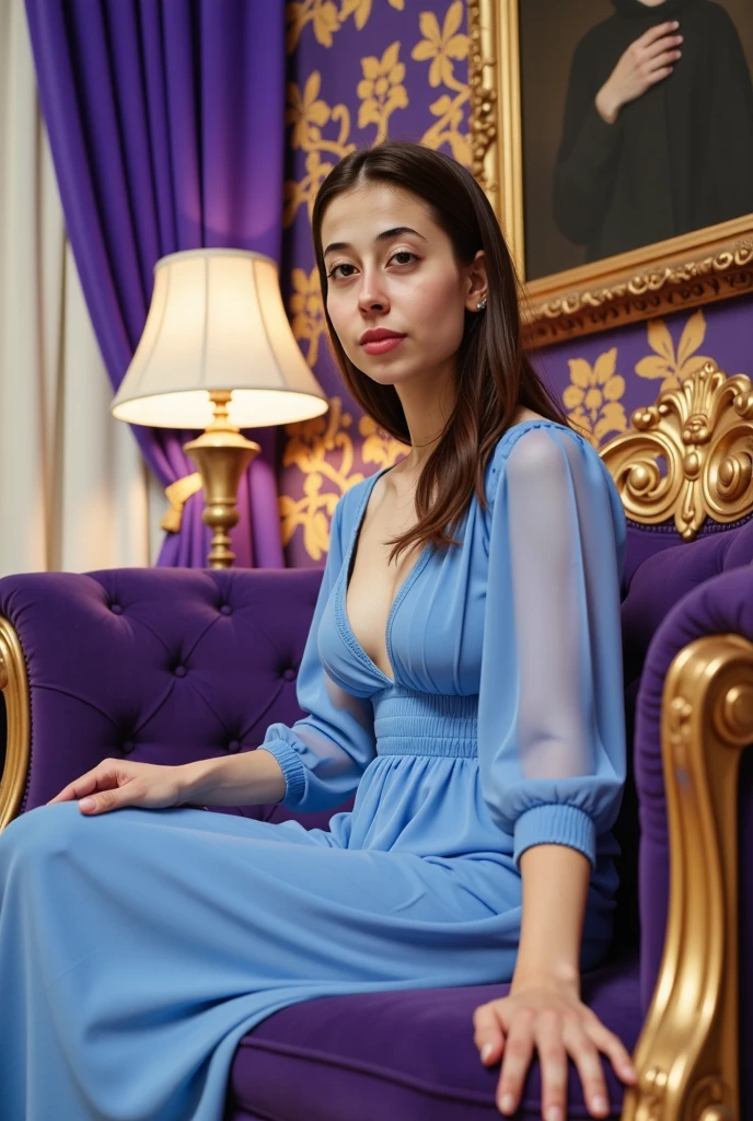 full body photo of emzbelle_sexy_v3-300, focus on the face, <lora:add_detail:0.5>,<lora:GoodHands-beta2:0.8>, petite, girl, brown curly medium layered hair,diaphanous dress, <lora:diaphanous_dress-1.0-full:0.8>,sheer purple dress, (wide shot)<lora:JAPAN_Scenery_Hitorikurashi_Joshi_no_Heya_SD15_V1:0.7>jjroom,sitting on bed,looking at viewer,blush,large breasts, curtains, chair, bed, indoors, window, lamp, pillow, table, <lora:LowRA:0.2>,<lora:epiCRealismHelper:0.7>, <lora:hairdetailer:0.3>