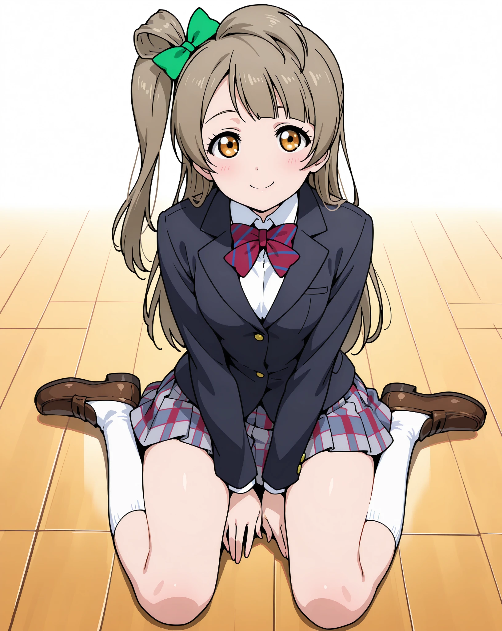 Minami Kotori、lovelive 、share indirect write、One girl in a mini skirt, Sit with your legs wide apart、A seductive smile、Looking down at the viewer, Plump thighs, Highest quality, Focus on the thighs, Spread your legs wide, smile, blazer, blouse, はだけたblouse、Light green panties、Black knee socks, classroom,My crotch is steamy 、Sweaty knee socks、Show the soles of your feet、Sweaty feet、Stain on the pussy line of panties