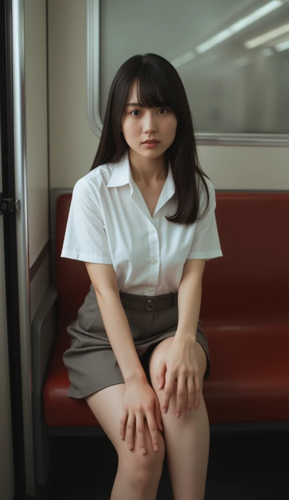 masterpiece, best quality, 8k, RAW photo, film grain, wide angle, 1 woman, front of viewer, young woman, 24 years old, petite body, short straight black hair, chubby cheeks, snub nose, highly detailed small face, detailed beautiful gray eyes, shy weak smile, blush, on (blue bus seat:1.1), in the corner, clear skin, medium chest, looking at viewer, light tan, eyeliner, (black pleated miniskirt:1.1), white short-sleeve shirt with buttons, white panties, summer day city background in windows, <lora:PhotoReal\picxer_real:0.45>, accidental exposure panties, <lora:Pov\exposepanty-strong:0.55>, embedding:epiCRealism.pt,