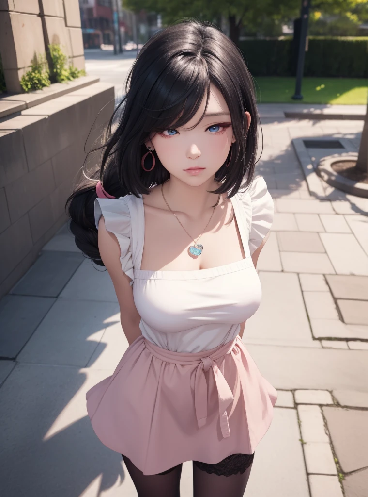 Highest quality、8K quality、A 20-year-old woman hiding her breasts with both hands、Deep U-neck T-shirt、Short skirt、Beautiful thighs、Soft Breasts、Looking up at the photographer、Shooting from the top of the front、Well-groomed, Adult face、Beautiful cleavage、When bending over, Clothes come off、(Skinny body type:1.1), (Flat Chest:1.2),