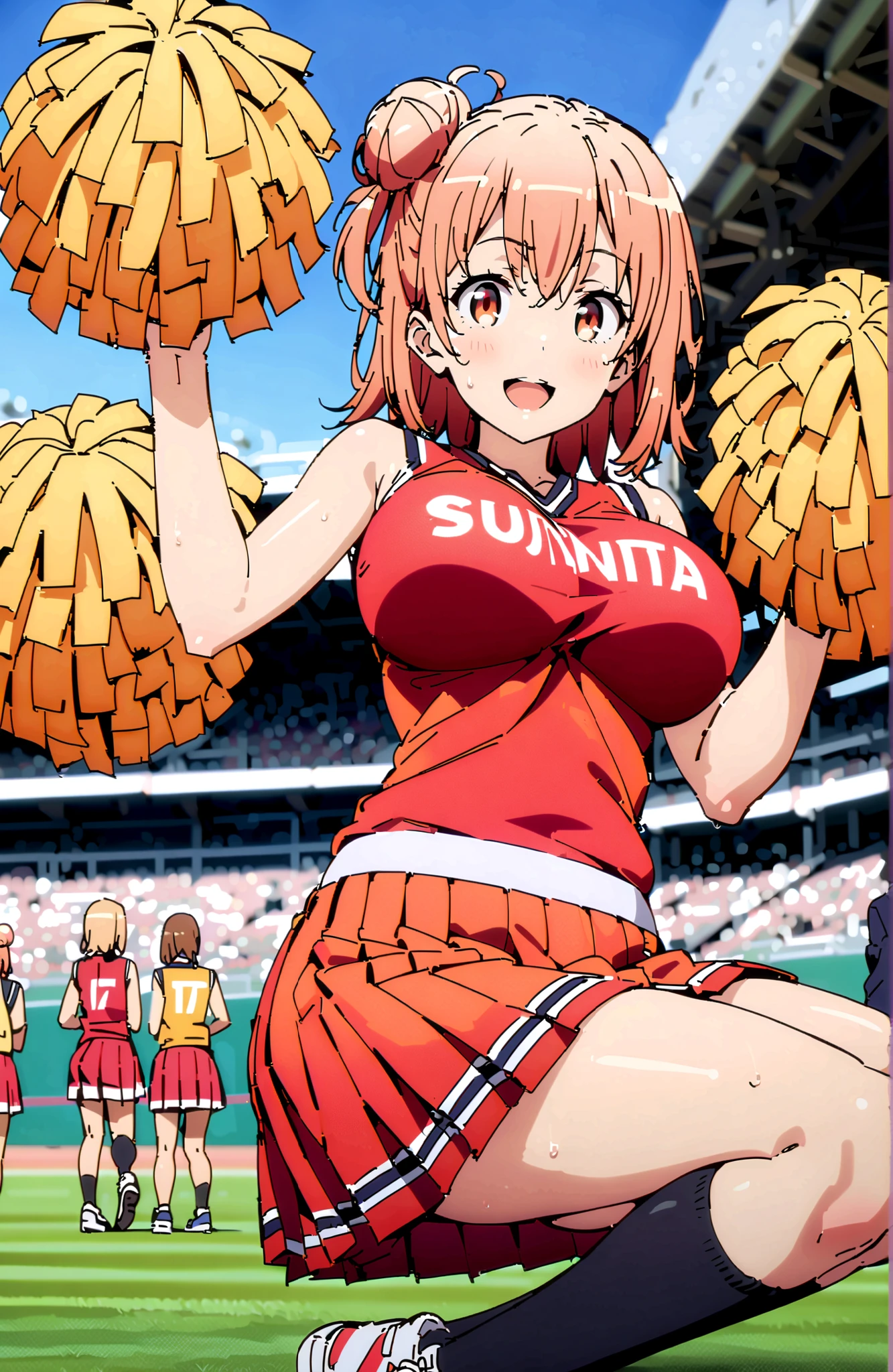 Yuigahama Yui , solo,short hair, brown eyes, Picnic, hair bun, single hair bun,smile,blush,and open the mouth,Big Breasts,under boob,(cheerleading), (full body), on chest, (sweated), sweated Wet Clothes, (Red clothing),sleeveless, pleated skirt,black socks,sneakers,belly button out, playground, (jump), (jump), 両足を曲げてjumpする, , blue sky, Compa, smile,cheerleader, Pom-pom \(cheerleading\) real hair ornaments,angle from below,audience,full bodyがイラストに入るように,in their 40s outdoors,stadium,
in their 40s looking at viewer,full body,
in their 40s (masterpiece:1.2),best quality ,Kampala,unity 8k 壁紙,(shape:0.8),( fine, beautiful eyes :1.6),It's a person ,full body写真,CG Details , (perfect hand in h,Complete Anatomy),