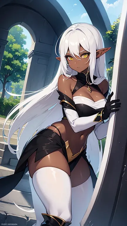(((I want an elf woman, with dark skin and a lush body, medium breasts, white hair and green eyes, wearing white Roman clothes, and a sweet smile on her face)))