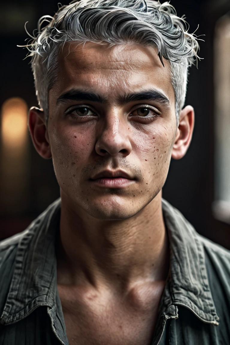 Al Haytham, young male, Young person, gray hair, clean-shaved face, masterpiece, Highest Quality , focused only, (stingy:1.04), shot by Lee Jeffries,Nikon D850 camera,Kodak Portra 400 film,f1 aperture.6 shots,richcolors,Ultra-realistic texture,Dramatic Lighting,Unreal Engine,popular on Artstation,cinestill 800