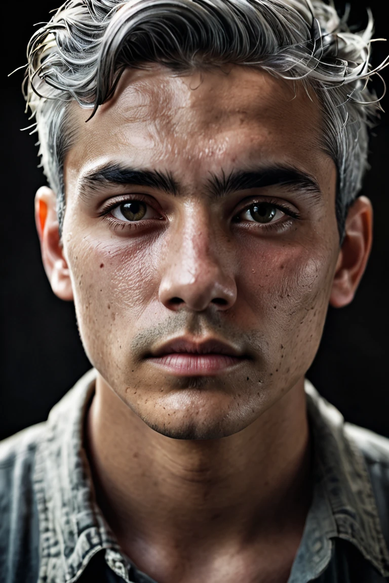 Al Haytham, young male, Young person, gray hair, clean-shaved face, masterpiece, Highest Quality , focused only, (stingy:1.04), shot by Lee Jeffries,Nikon D850 camera,Kodak Portra 400 film,f1 aperture.6 shots,richcolors,Ultra-realistic texture,Dramatic Lighting,Unreal Engine,popular on Artstation,cinestill 800