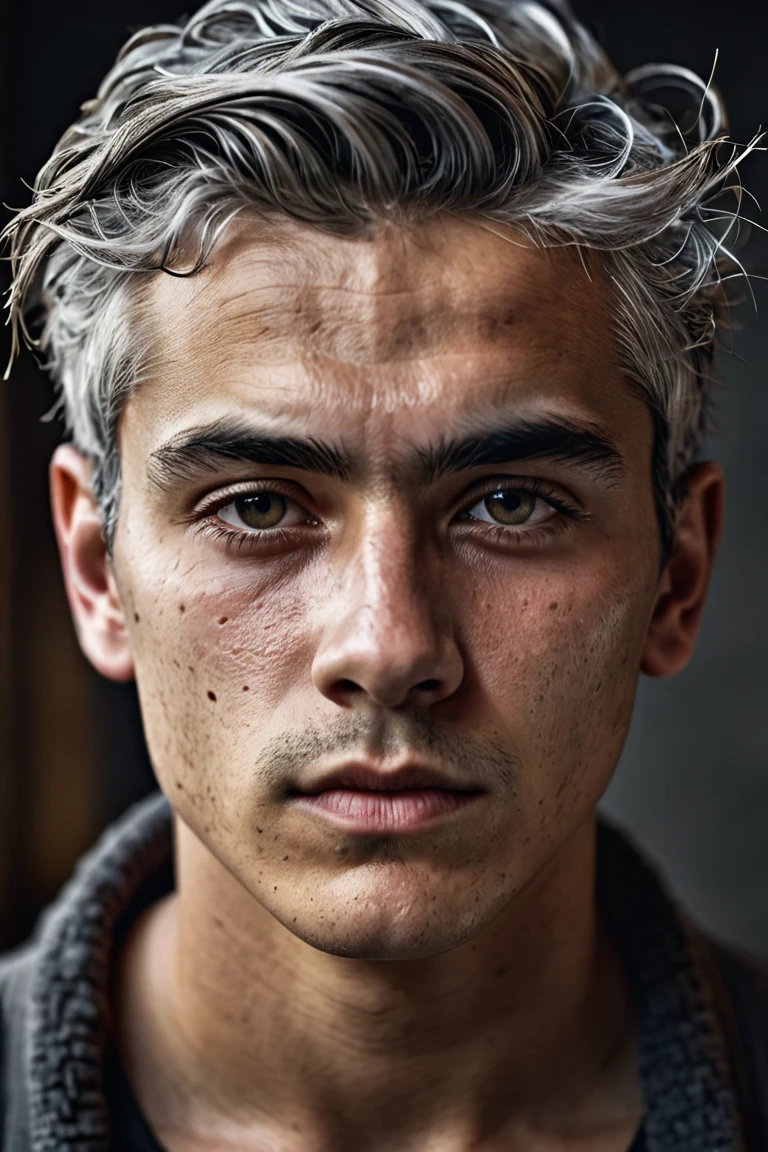 Al Haytham, young male, Young person, gray hair, clean-shaved face, masterpiece, Highest Quality , focused only, (stingy:1.04), shot by Lee Jeffries,Nikon D850 camera,Kodak Portra 400 film,f1 aperture.6 shots,richcolors,Ultra-realistic texture,Dramatic Lighting,Unreal Engine,popular on Artstation,cinestill 800