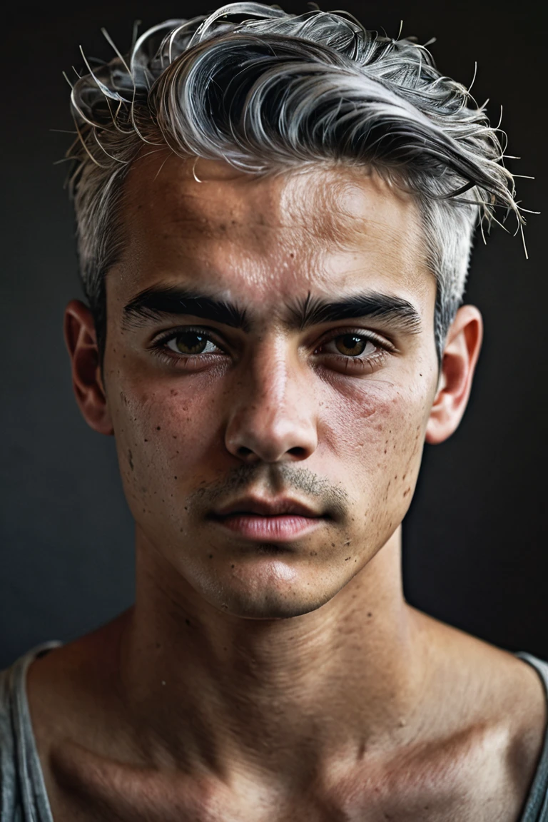 Al Haytham, young male, Young person, gray hair, clean-shaved face, masterpiece, Highest Quality , focused only, (stingy:1.04), shot by Lee Jeffries,Nikon D850 camera,Kodak Portra 400 film,f1 aperture.6 shots,richcolors,Ultra-realistic texture,Dramatic Lighting,Unreal Engine,popular on Artstation,cinestill 800