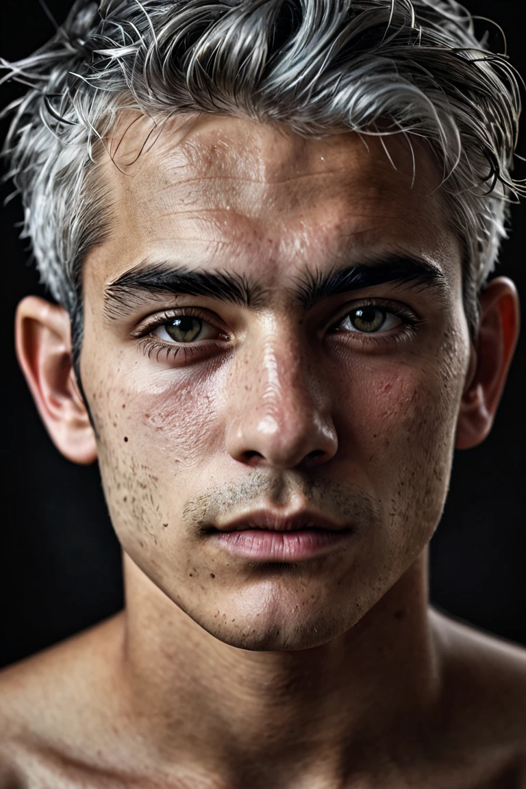 Al Haytham, young male, Young person, gray hair, clean-shaved face, masterpiece, Highest Quality , focused only, (stingy:1.04), shot by Lee Jeffries,Nikon D850 camera,Kodak Portra 400 film,f1 aperture.6 shots,richcolors,Ultra-realistic texture,Dramatic Lighting,Unreal Engine,popular on Artstation,cinestill 800