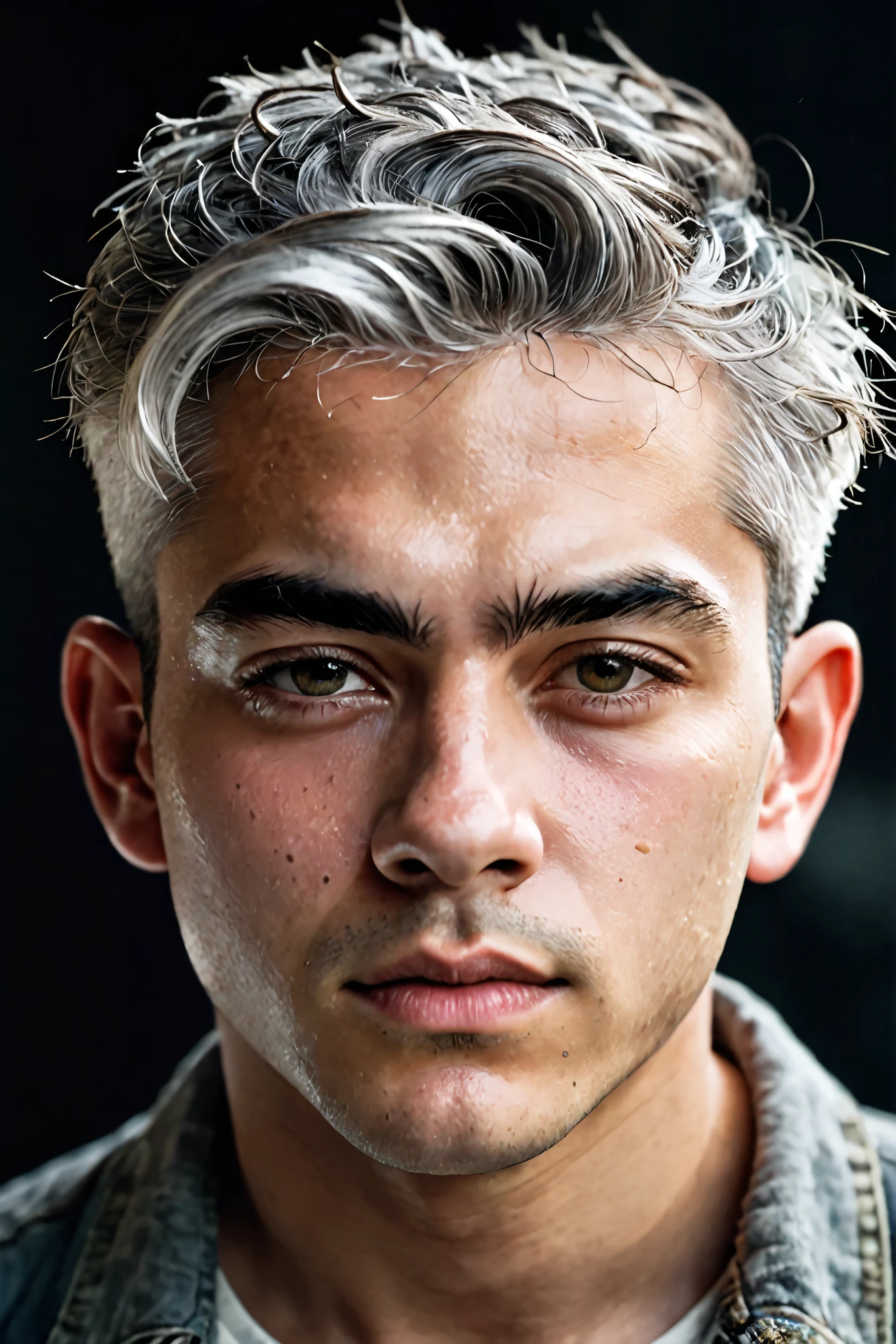 Al Haytham, young male, Young person, gray hair, clean-shaved face, masterpiece, Highest Quality , focused only, (stingy:1.04), shot by Lee Jeffries,Nikon D850 camera,Kodak Portra 400 film,f1 aperture.6 shots,richcolors,Ultra-realistic texture,Dramatic Lighting,Unreal Engine,popular on Artstation,cinestill 800