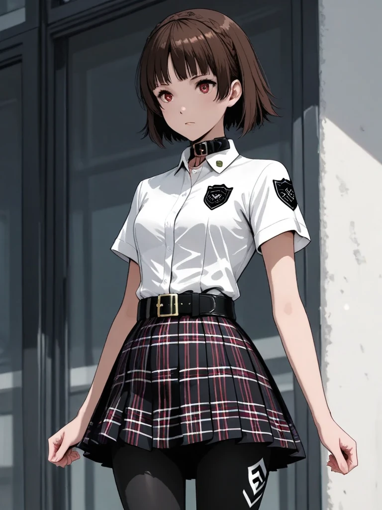 score_9,score_8_up,score_7_up,source_anime BREAK
1girl,solo,
makoto,
niijima makoto,brown hair,blunt bangs,crown braid,red eyes,
white short sleeve dress shirt,black belt,belt buckle,plaid pleated skirt,leggings,black pantyhose,collar emblem,