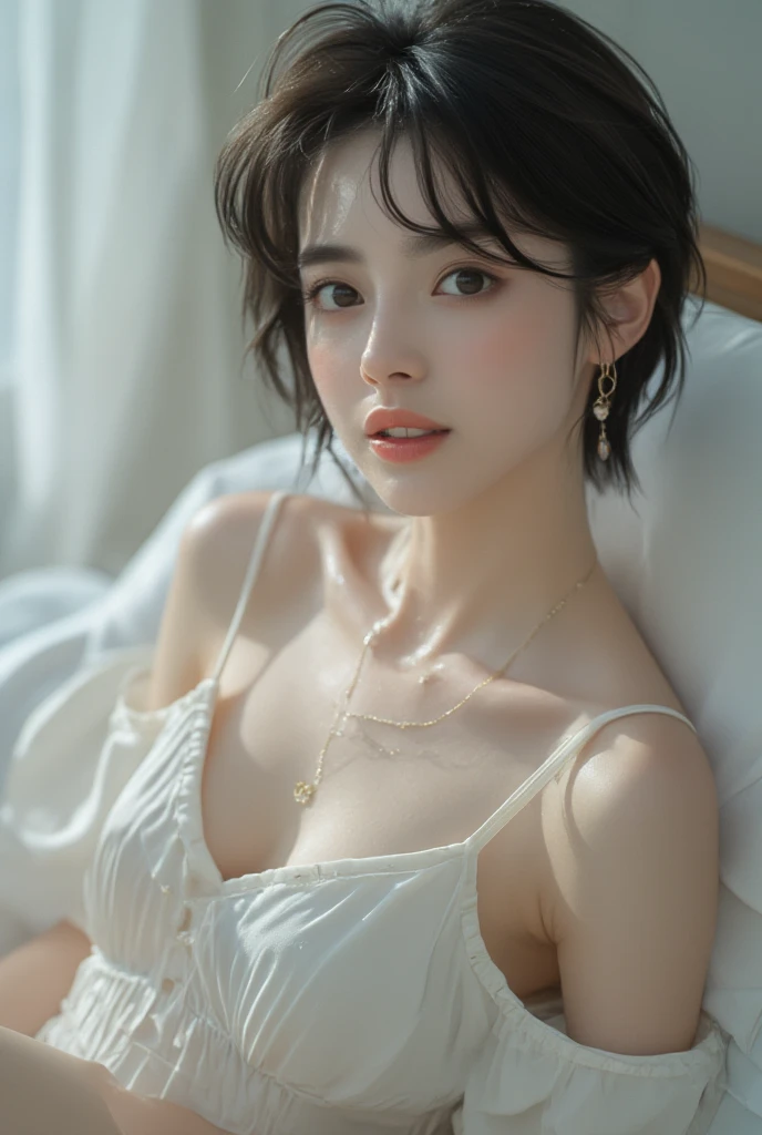 hightquality、masterpiece、pretty hair、Gold Eye、Luxury clothing、look up to、Hair strands、light skinned、(((very_short_hair)))、Side braid、Clean teeth alignment