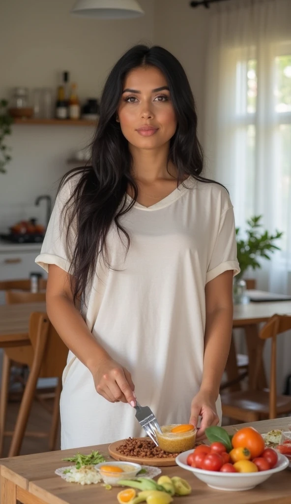 woman posing for a photo tumblr, realism, cute girl with long weavy black hair, cute casual clothes, tan-skin, model body, staring at the camera, shy look, Her name is Eva Valentina Ruiz Diaz, winking and smiling