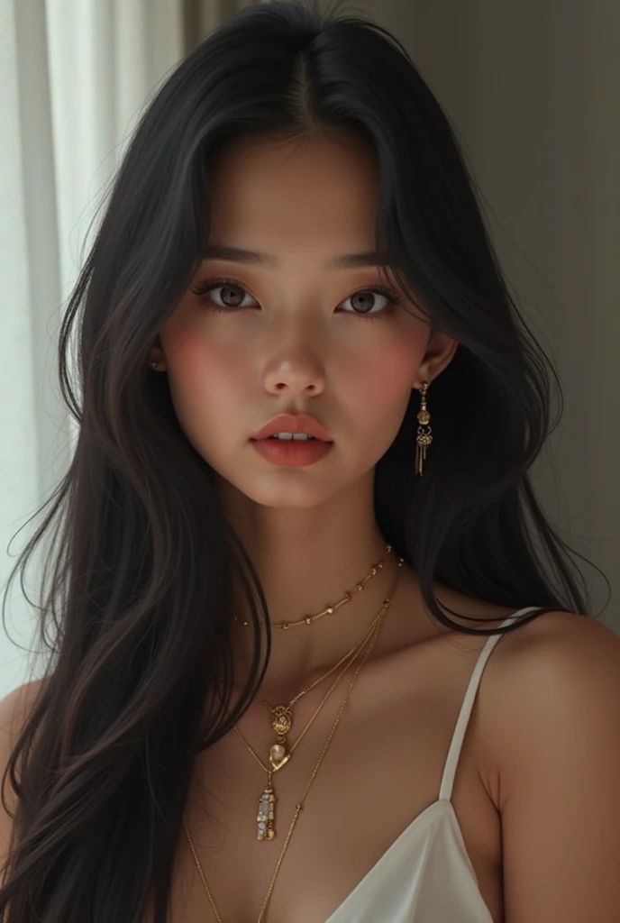 a 17 years old beautiful filipina girl with black hair and dark hazel eyes, slim body and long layered hair with bangs. medium tan skin. eyes is like chinese. medium thin eyebrow. wearing a dress and small earrings and necklace. chubby cheeks but big face