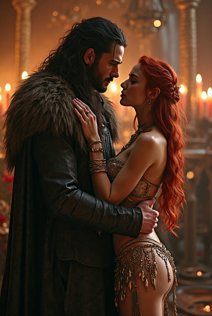 A young shirtless lord with short curly black hair, played by Kit Harington, is standing confidently. He is holding a smiling, naked woman with blonde hair, played by Sadie Sink. They are in a romantic and intimate embrace. The background is a luxurious medieval castle interior, with a grand fireplace casting a warm glow. The overall mood is passionate and tender. Details: Kit Harington: Shirtless, muscular, with short curly black hair. Display a confident and protective expression. Sadie Sink: Naked, with long blonde hair. Display a loving and happy expression, arms wrapped around Kit Harington. Setting: Luxurious medieval castle interior. Grand fireplace casting a warm, soft glow. Mood: Passionate, tender, and romantic. Lighting: Soft, warm tones emphasizing the intimacy and romance of the scene.
