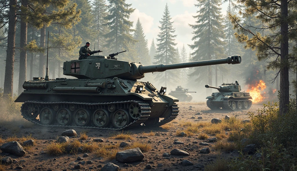 In the aftermath of a battle in the French countryside, a damaged pnthrtnk tank is surrounded by American troops inspecting the vehicle. The interaction captures a moment of quiet following the chaos of battle, with the lush French landscape serving as a backdrop to the war's moving front lines ((pulp_comic, heavy_lines, hand_drawn, hand_inked, hand_colored, perfect_face, apxlz))