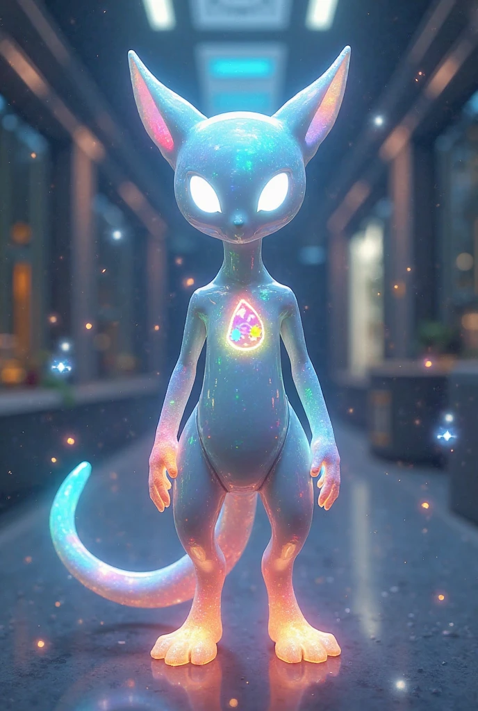 Shocked slim female giraffe with long Pink hairs with Blue Highlights and glowing Green eyes wearing gray swimsuit looking at herself there are some traces of Pink magic floating around her she is in the bedroom