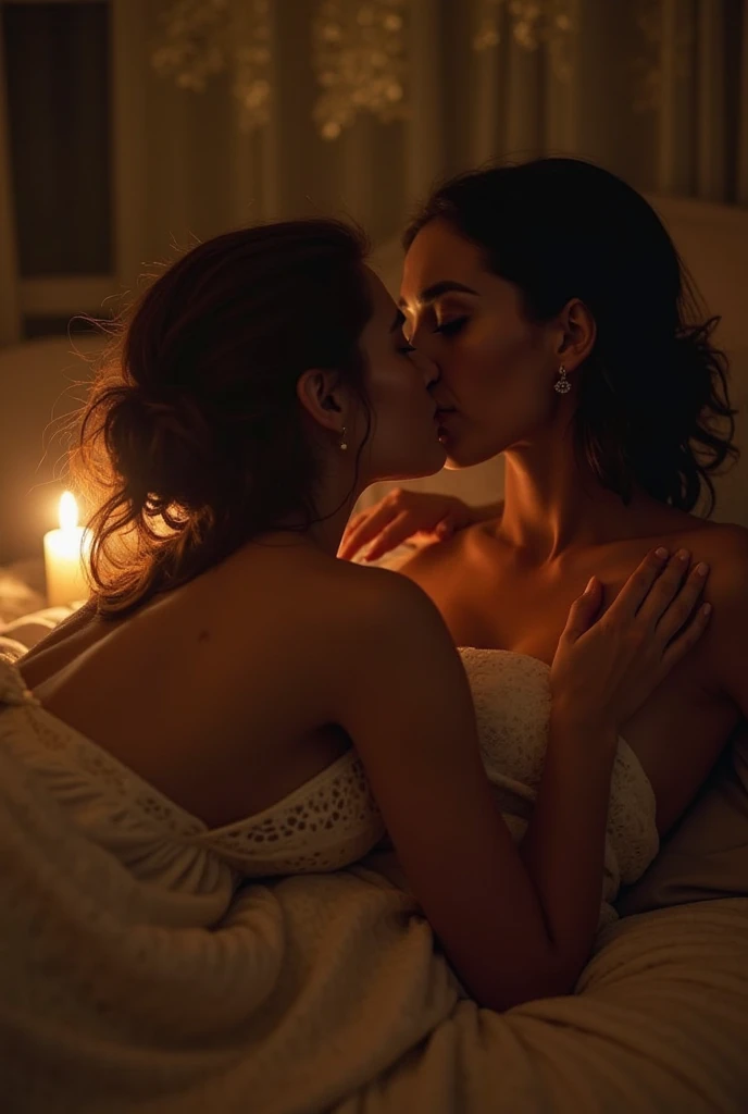 a beautiful girls stand in front of a bed where an handsome man is sleeping. She is holding a candle in her hands. Realistic. Photo. Size: 16:9