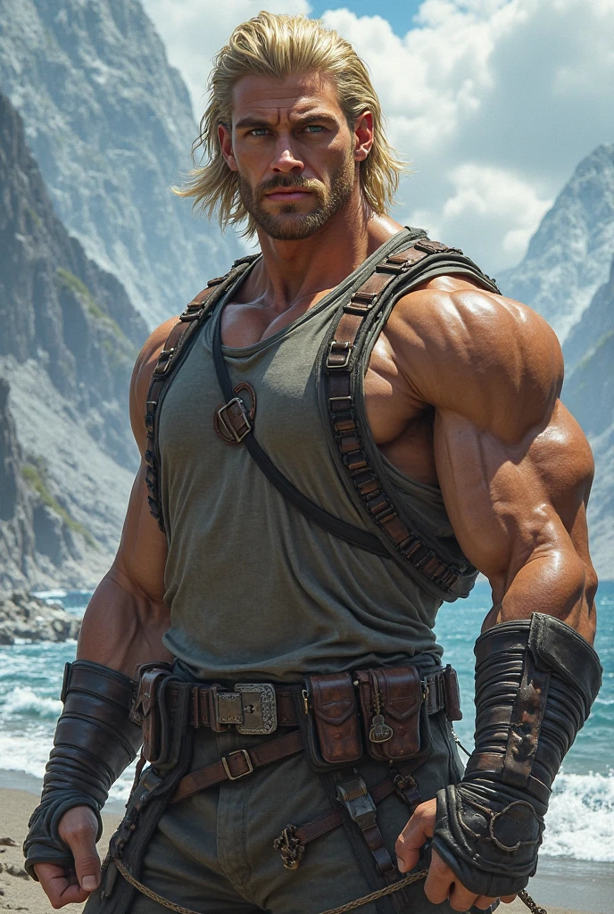 realistic, masterpiece, best quality, cinematic, dynamic lighting, soft shadow, highest detail, professional photography, detailed background, depth of field, insane details, intricate, aesthetic, detailed face, subsurface scattering, realistic hair, realistic eyes, 1boy, muscular, manly, (large pectorals:1.3), pectorals, abs, photo of a handsome male barbarian wearing leather harness armor, intricate tribal armor, fighting pose, angry, battle cry, holding weapon, sword, medieval, fantasy, rpg, blood, injury, sweat, barbarian village background, medium messy hair, blonde hair,