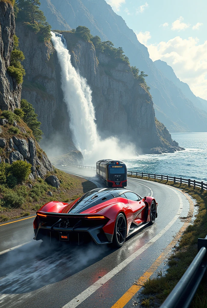 A red car waterfall man high speed beautiful girl in waterfall