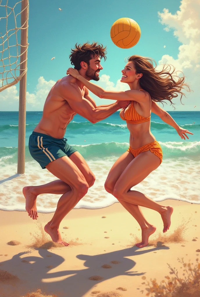 creates an image with people in the water, in the same place. a woman on a man's back a little muscular, She's raising her hand and he's almost falling, and makes two men playing volleyball next to each other