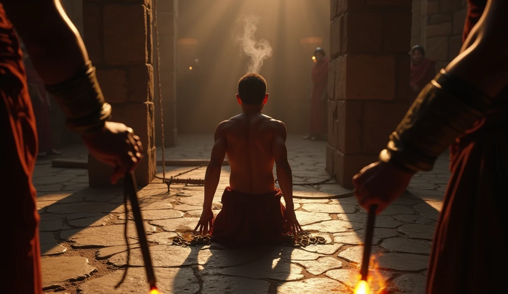 In a dark room, a 50-year-old man wearing a red cloth is sitting on the floor performing yajna at the yajna altar. Only the back of the man is visible. The dark room is dimly illuminated by the light of the sacrificial fire. On the wall in front of the manor is a terracotta Hindu goddess, seated on Padmasana.