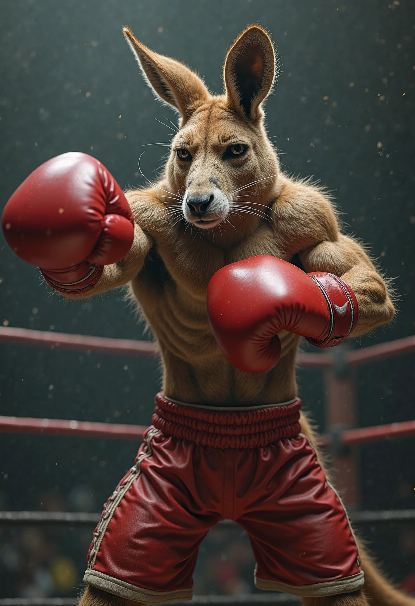 Skinny dog boxing in red gloves and red shorts