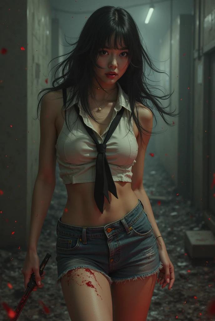 Yael Shelbia (beautiful and bold, seductive and attractive, blue eyes, pointed breasts, long curly black hair, sweaty body, open shirt, short shorts, boot, short glove, thick legs). (deserted road, dirt road, smoke, abandoned cars, newspapers, abandoned objects, bodies lying on the ground, abandoned road, apocalyptic scenery, cinematic effect), (Best quality, masterpiece, depth of field, Full HD, 4K, richness of detail). Portrait style