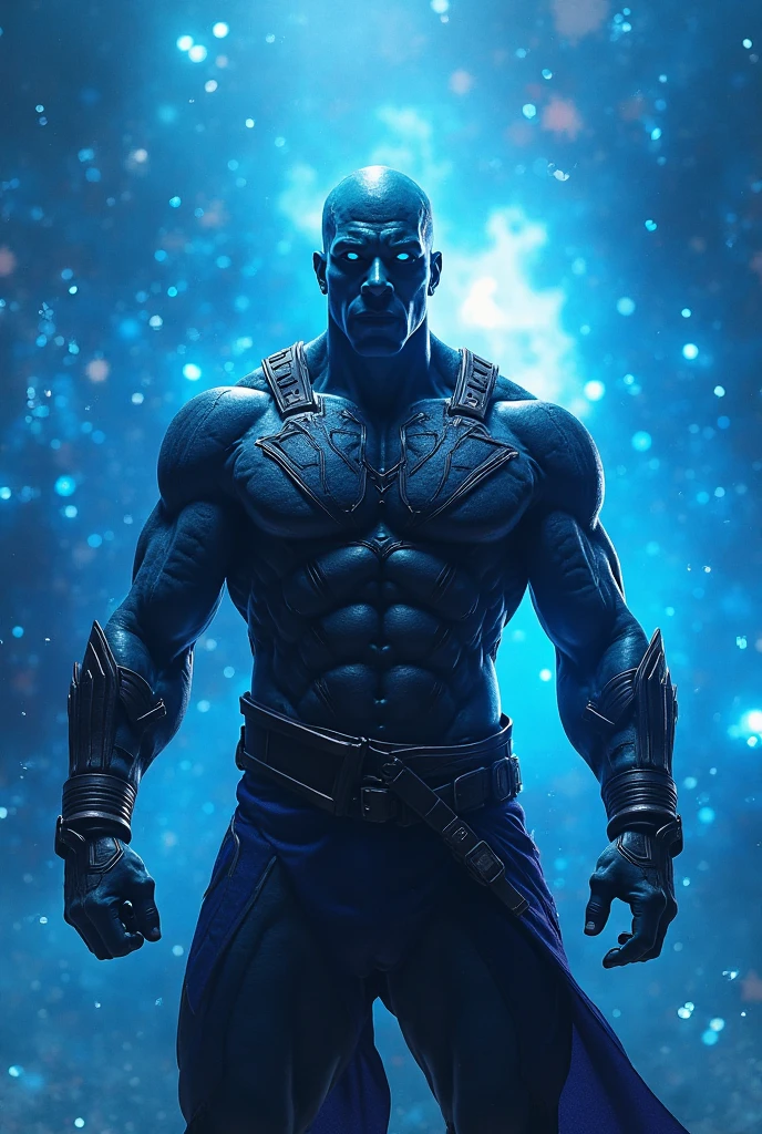 ((Derek Mears)) as Moloch from Mortal Kombat, hulking and muscular frame, (dark blue skin), small sharp horns, jagged pointed teeth, fiery glowing eyes, tattered primitive clothing, (holds rocky ball), 1man, solo, full body view, front view, looking at viewer, intricate, high detail, sharp focus, dramatic, photorealistic painting art by greg rutkowski