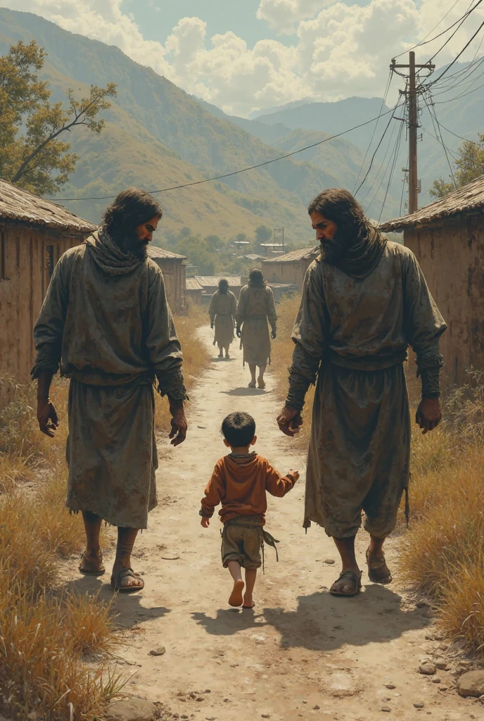 A poor boy is carrying his lame mother in a pit
hi back