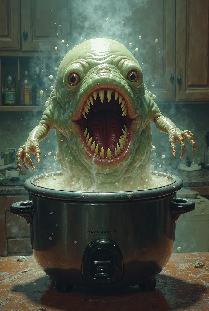 A digital drawing of a Nurgling, a small daemon of Nurgle, the Chaos God of disease and decay. It is sitting in a large cauldron filled with a bubbling red liquid. The Nurgling has a big smile on its face and is holding a chili pepper in its hand. It is surrounded by flies and has a small eyeball floating in the liquid next to it. The drawing has a humorous tone and is part of a series of illustrations representing the different days of the month. By Katerina Andreeva.