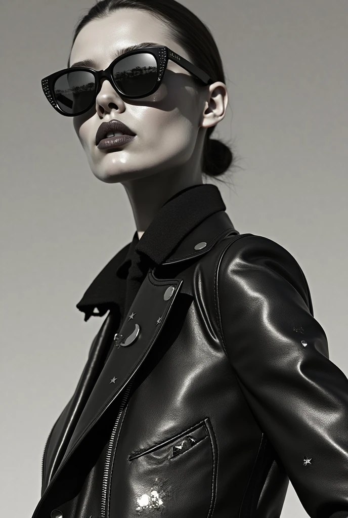 Model wears glass sunglasses, leather jacket with stars and moon ...