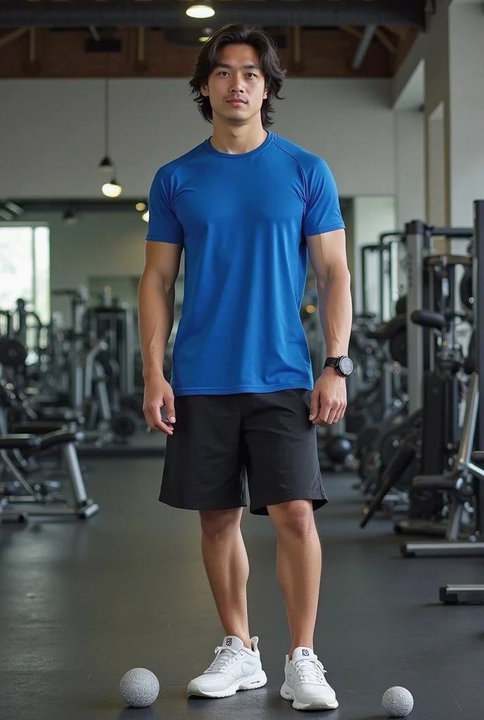 Korean man, Inspiration from Peng Yuyan, 23 years old, Korean muscular man ，The computer room is in the back, tight sports t-shirts, navy blue., open mouth smile