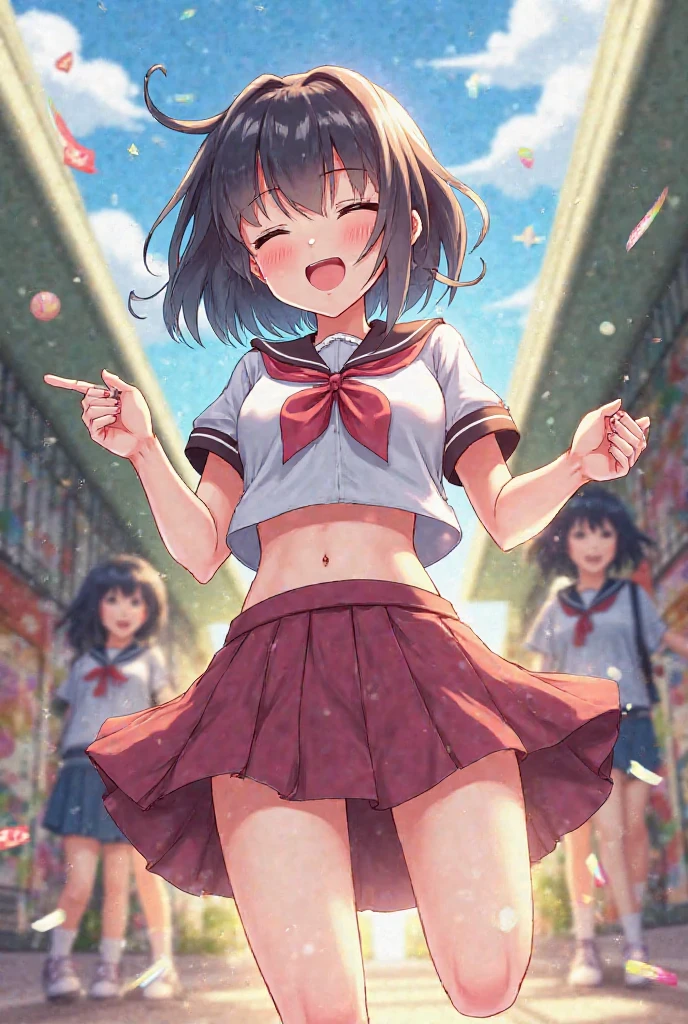 mini skirt、(((The wind blowing up from below flips up my skirt)))、cotton white simple undies、See-through clothing、Unnatural smile、Wet and transparent、Small face、(Blushing and embarrassed),girly fashion、Children's clothing、red blush、Cartoon Storyline、((Angle from below:1.5)), pantie shot,Lower breast、front open shirt、open one's legs、Panty crotch display、Panty bite、Emphasis on the crotch、white panties、soaked