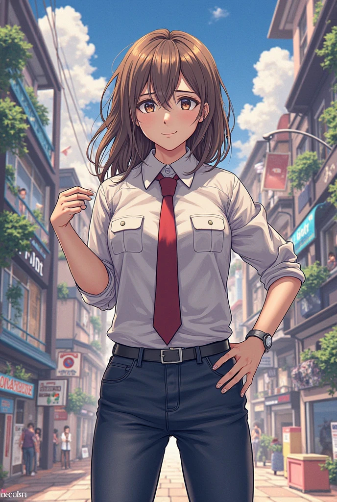 (masterpiece, best quality, detailed), 1girl, solo, nadeko01, medium hair, brown hair, brown eyes, bangs, blunt bangs, looking at viewer, 
office lady, collared shirt, cleavage, pencil skirt, brown pantyhose, lanyard, skirt suit, bra visible through clothes, wristwatch, outdoors, rooftop, day, cityscape, blue sky, cloud, scenery, railing, <lora:OjouSamaPose:1>, ojou-sama pose, smile, closed mouth, hand on hip, smug