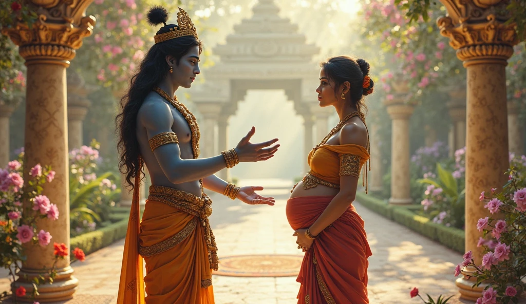 Prompt: A young Devaki, pregnant with her eighth child, stands before her evil brother, Kansa. A menacing aura surrounds Kansa as he clutches a weapon, ready to strike. A prophecy hangs heavy in the air, foretelling the child's fate as the destroyer of Kansa.
