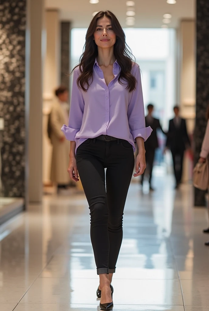 A woman with long hair styling skinny dark blue or black jeans and top with sleeves (not lavender in colour) with lavender canvas shoes