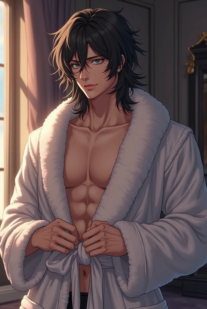 Red ruby eyes with brown hair that goes down to his upper back. Messy hair with a fringe, slim frame and average body as a man. Snow white skin. Medieval clothing from fur and animal skin.