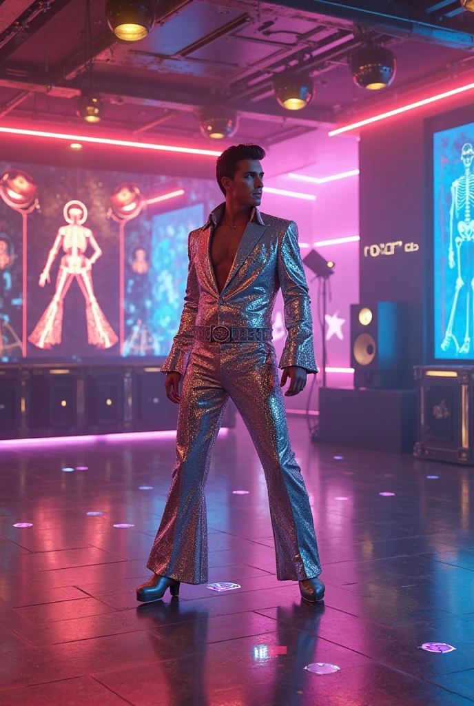 Elvis Presley wearing a sequined bodysuit,standing in a neon TikTok dance classroom,behind the screen showing a 3D skeletal breakdown of his dance steps,A smart speaker with LED light strip,The floor is an AR sensor floor tile(stepping on it to trigger a fire effect),The background wall has a '#ElvisChallenge' challenge poster,vapor wave aesthetic tone, 8K Ultra HD ,Hairline-level details,Strong contrast of light and shadow