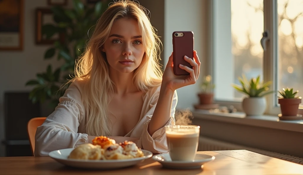“A young woman with reddish-orange hair tied back, standing against a plain wall. She is holding a glass of iced coffee in one hand and a black smartphone in the other, taking a mirror selfie. She is wearing a white bathrobe, with soft lighting casting a warm, natural glow on her face. The overall mood is relaxed and casual, with attention to detail on her makeup, which is natural, and her nails, which are painted red.”