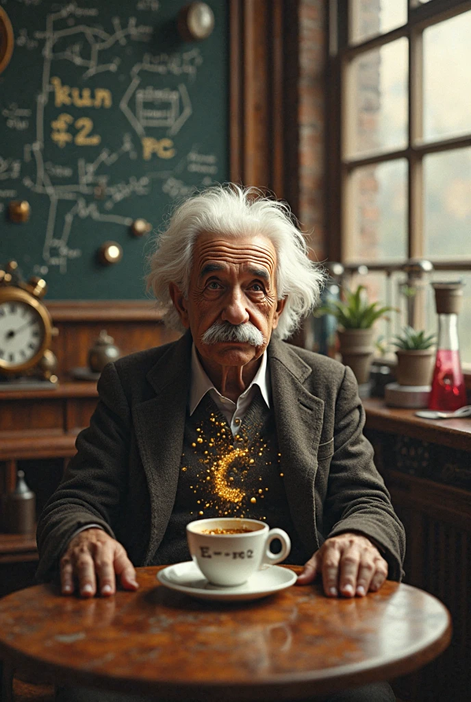 Albert Einstein sitting at the same time in a retro steampunk cafe，in the hand are suspended in the coffee cup with E=gold particles with the mc² formula，the pointer of the mechanical clock in front of the front rotates in reverse，The background wall is quantum entangled with the unfinished deduction formula on the blackboard，outside the window（symbolizing the passage of time and space），copper warm lighting，kraft paper texture filters，There are gears in the details、 Test Tubes 、vintage radios and other elements