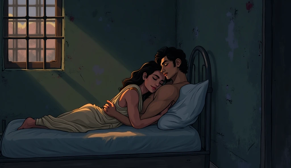 Enemy beating his girlfriend with belt in bed room
