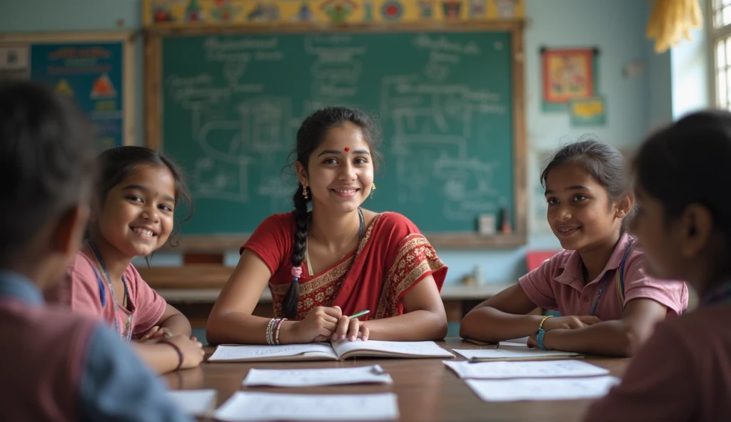 Indian school teacher teaching students to use ipad in a classroom with students looking happy 