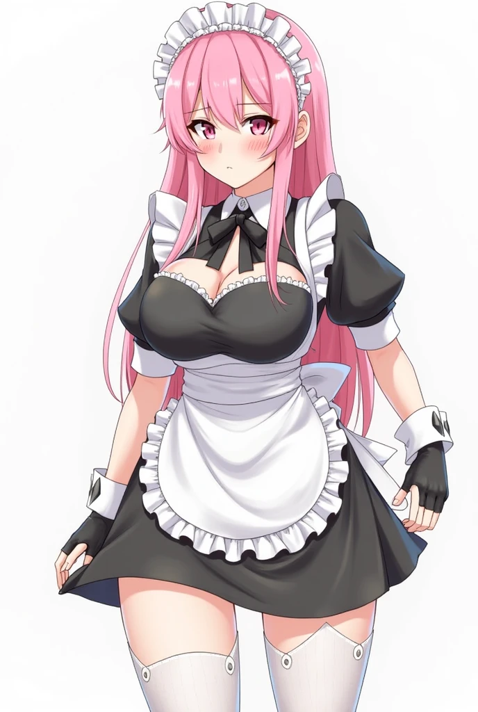 (highest quality), (masterpiece), 1080p, hd, 4k, 8k, exposed nipples only, off shoulder, maid服, drawing model, high school student, Big breasts, whole body, big ribbon, blush, embarrassing, maid, Photographed from the front, pink hair, long hair, Drawer々, Art department member, 18-year-old