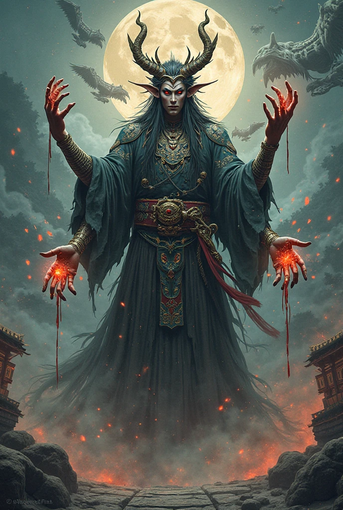 Draw the image of a Chinese Shura ghost。Shura has a ferocious and fierce face，Anger in the eyes。It has multiple arms，Each arm holds a different weapon，The body is strong and powerful，Wearing armor with spikes and scary decorations。Shura has extra eyes、Multiple or unusual skin colors，Red or black。The overall image exudes a fierce momentum，Surrounded by flames。Ultra-high resolution，Best quality，Canon，photography，Reality，超Reality主义，Realism，style，Reality，Reality