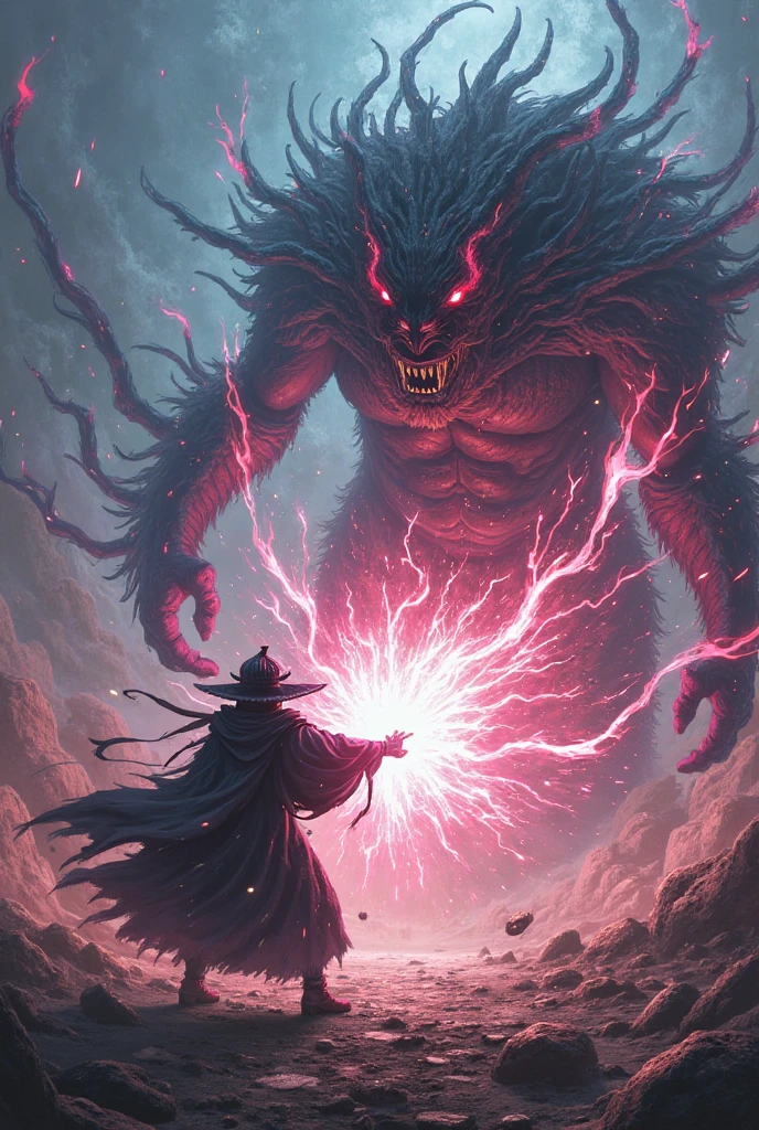 rpg illustration In a mystical environment, a wizard raises his hands and casts a brilliant spell towards a powerful enemy. A multicolored aura surrounds the creature, and its body begins to contort and shrink, rapidly transforming. What was once an imposing and fearsome figure now falls apart, reshaping itself into a small, defenseless creature, like an animal or simple object. The newly transformed creature looks around with frightened eyes, while the battlefield remains silent, witnessing the strange transformation that defies all expectations."